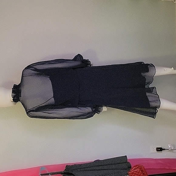 VTG AJ BARI Navy Pin Dot Chiffon Blouson Ruffle Bow Tie Castlecore Shirt Dress - Picture 8 of 10